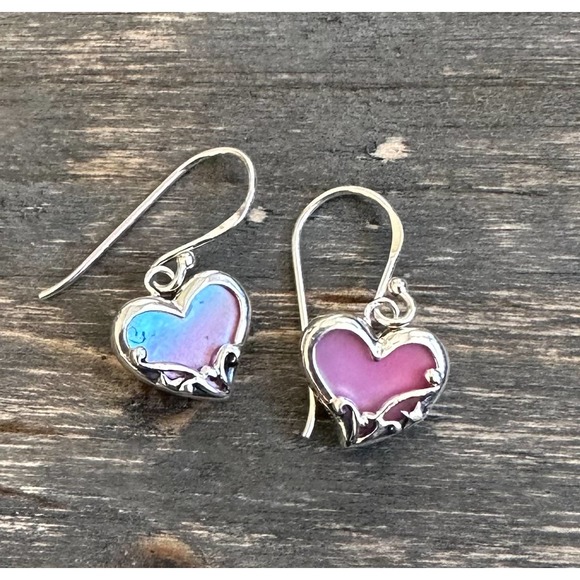 Boma Heart Earrings Pink Shell Irridescent Tiny Dainty Sterling Silver 925 - Picture 2 of 11